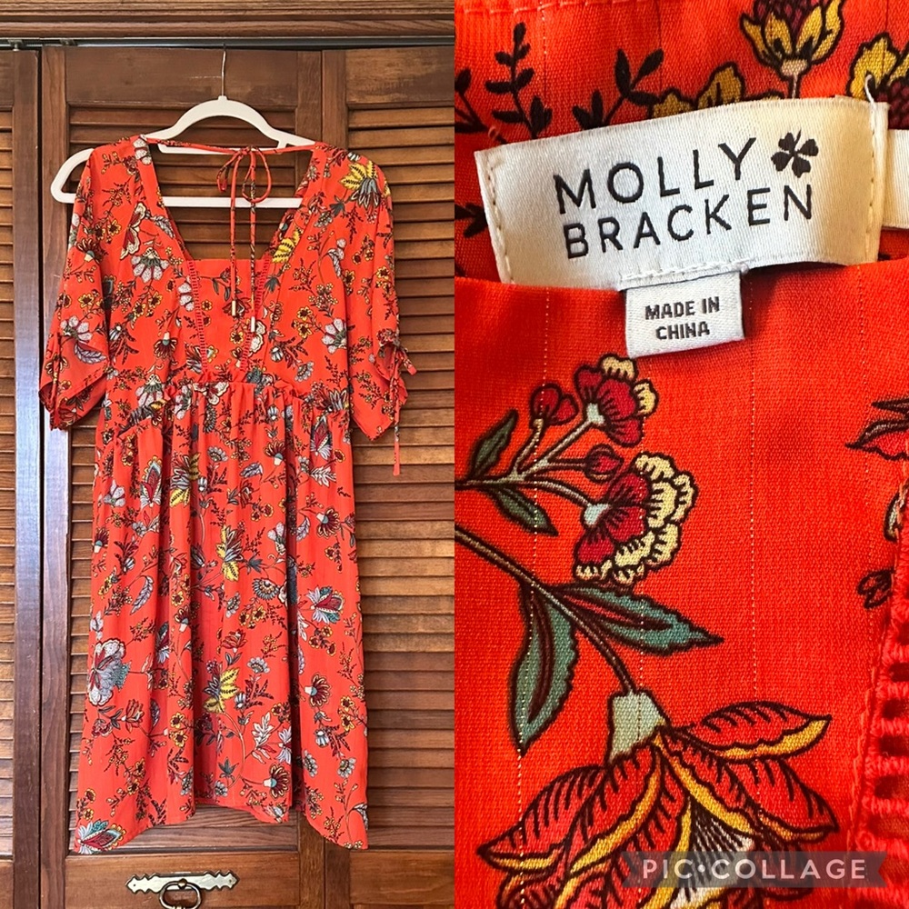 Molly Bracken designer orange floral open shoulder summer dress size smalll